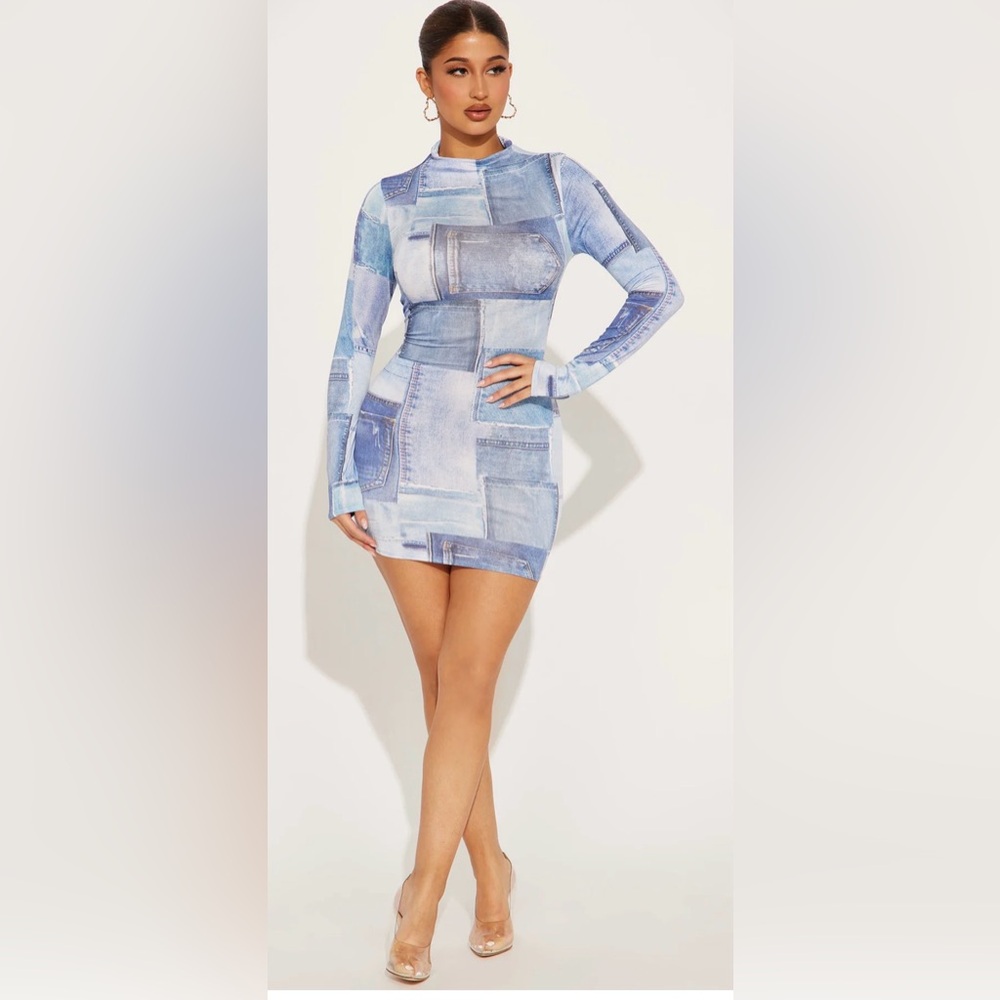 Fashion Nova denim patchwork, print Dress